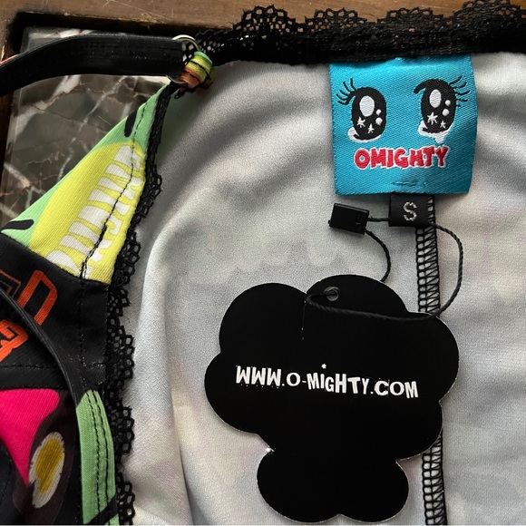 Omighty Logomania Black Mini Dress Size S Stretch Tattoo Sexy Sheer Straps Layer - Picture 15 of 17